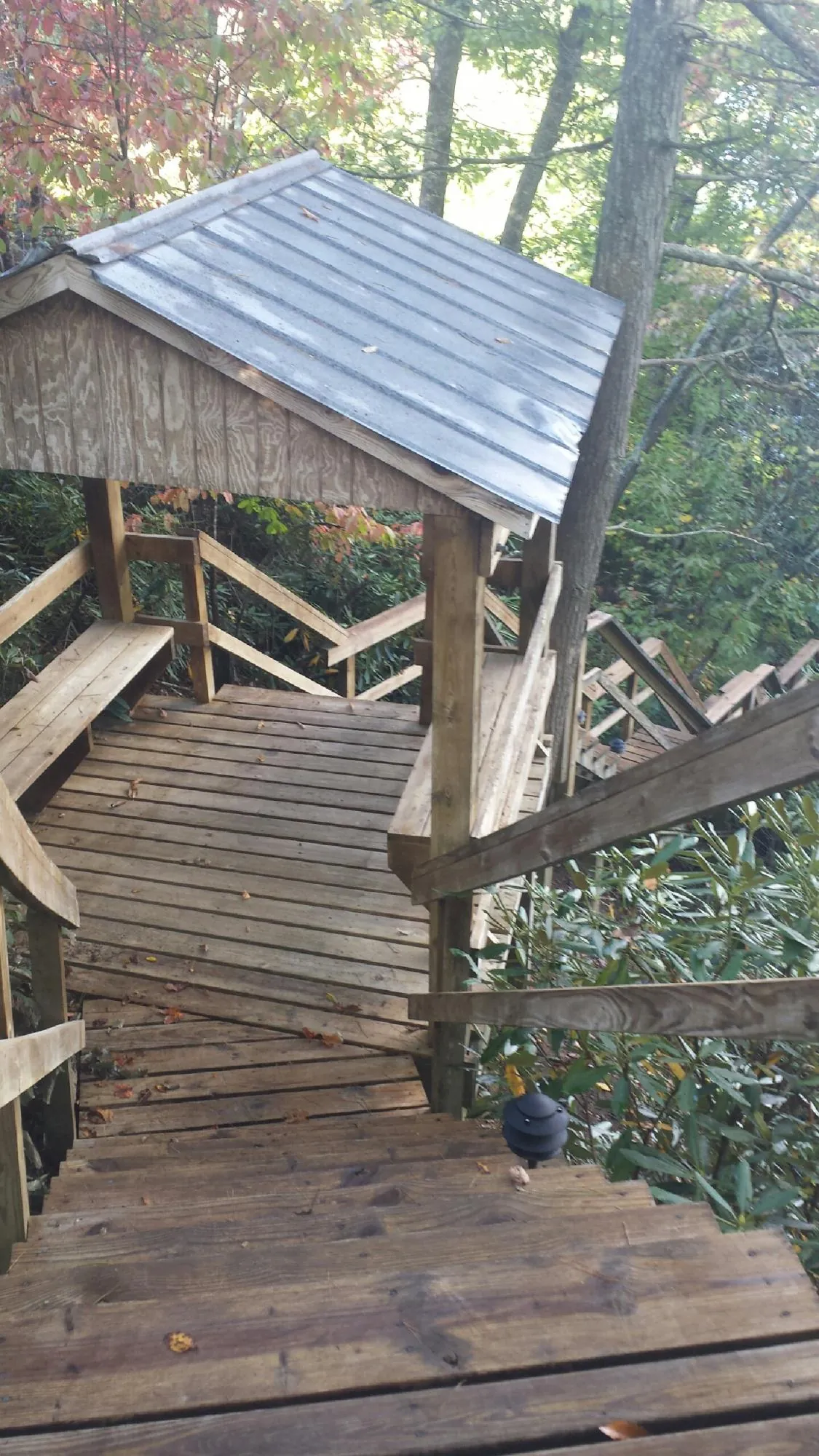 Metal roofed shelter over wooden steps on a wooded walkway — Skylight Repair & Installation work by our crew in Prairie Lea